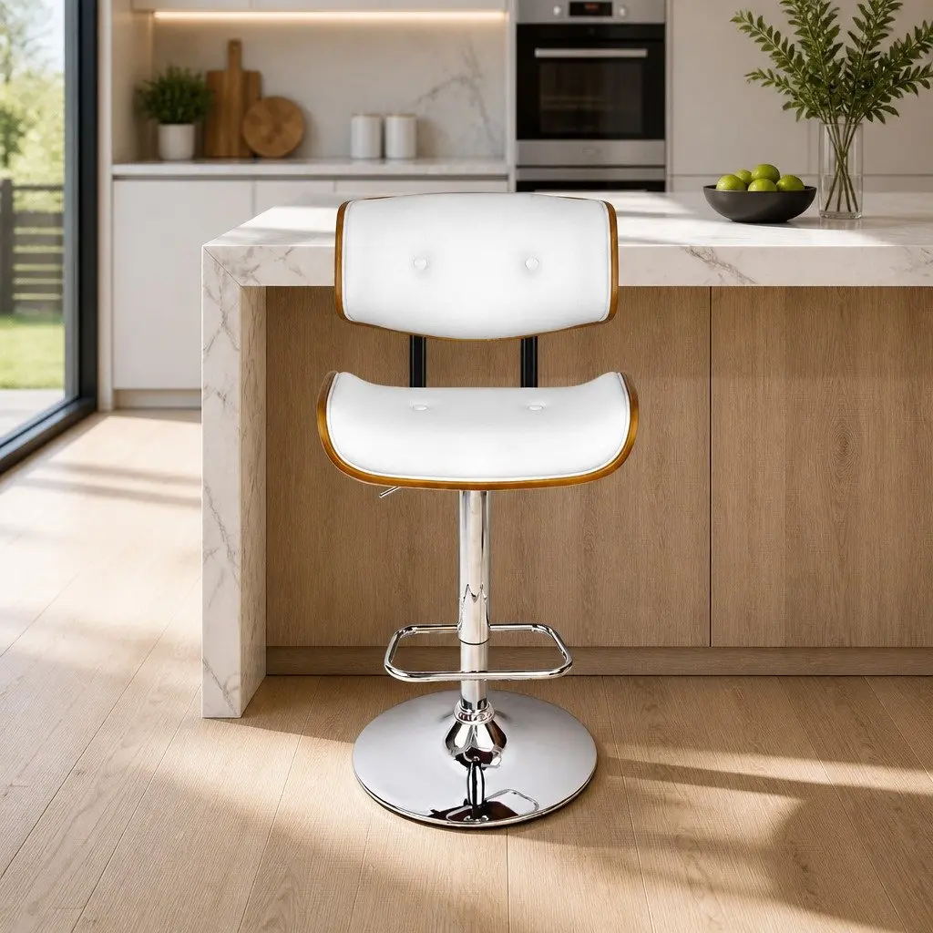 Bar Stool White Padded Wooden Seat Gas Lift Swivel Chrome Base Footrest