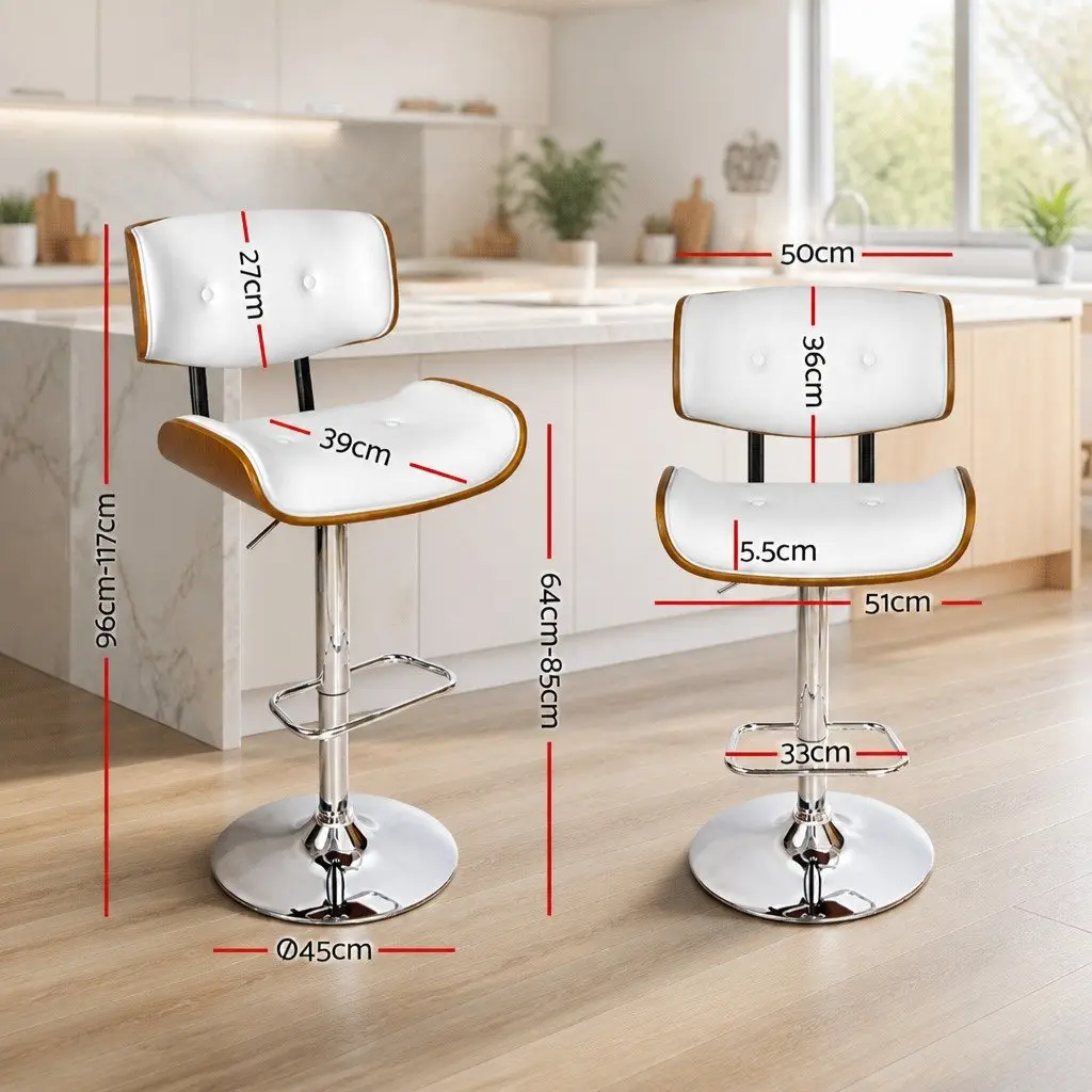 Bar Stool White Padded Wooden Seat Gas Lift Swivel Chrome Base Footrest