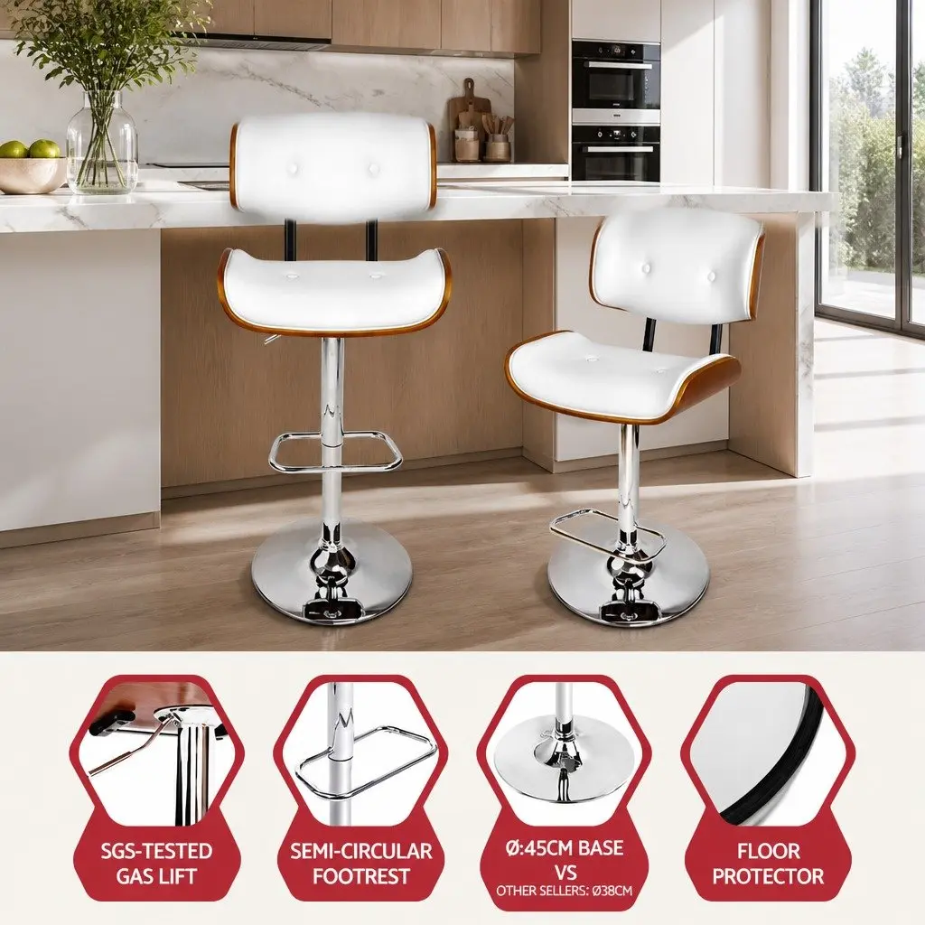Bar Stool White Padded Wooden Seat Gas Lift Swivel Chrome Base Footrest