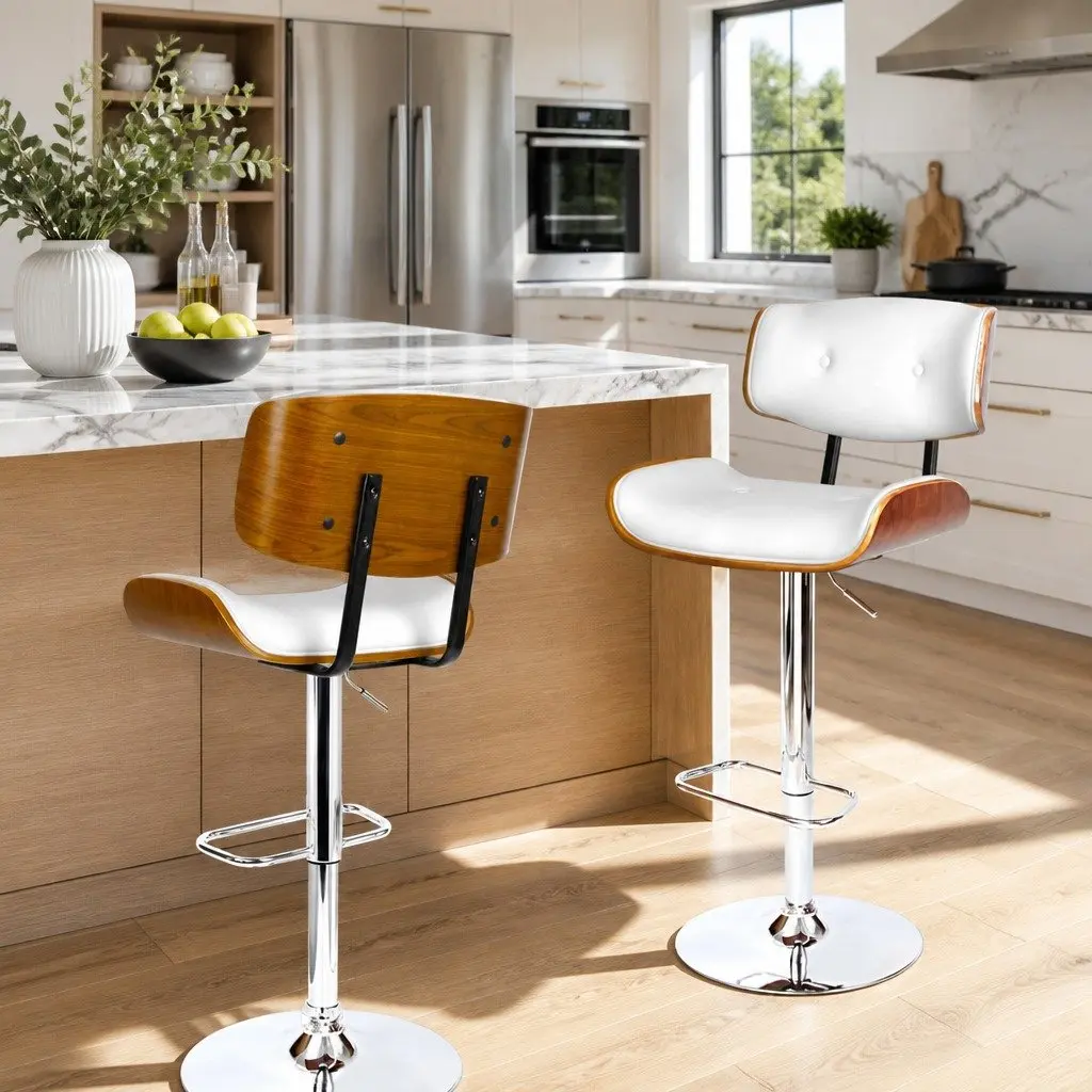 Bar Stool White Padded Wooden Seat Gas Lift Swivel Chrome Base Footrest