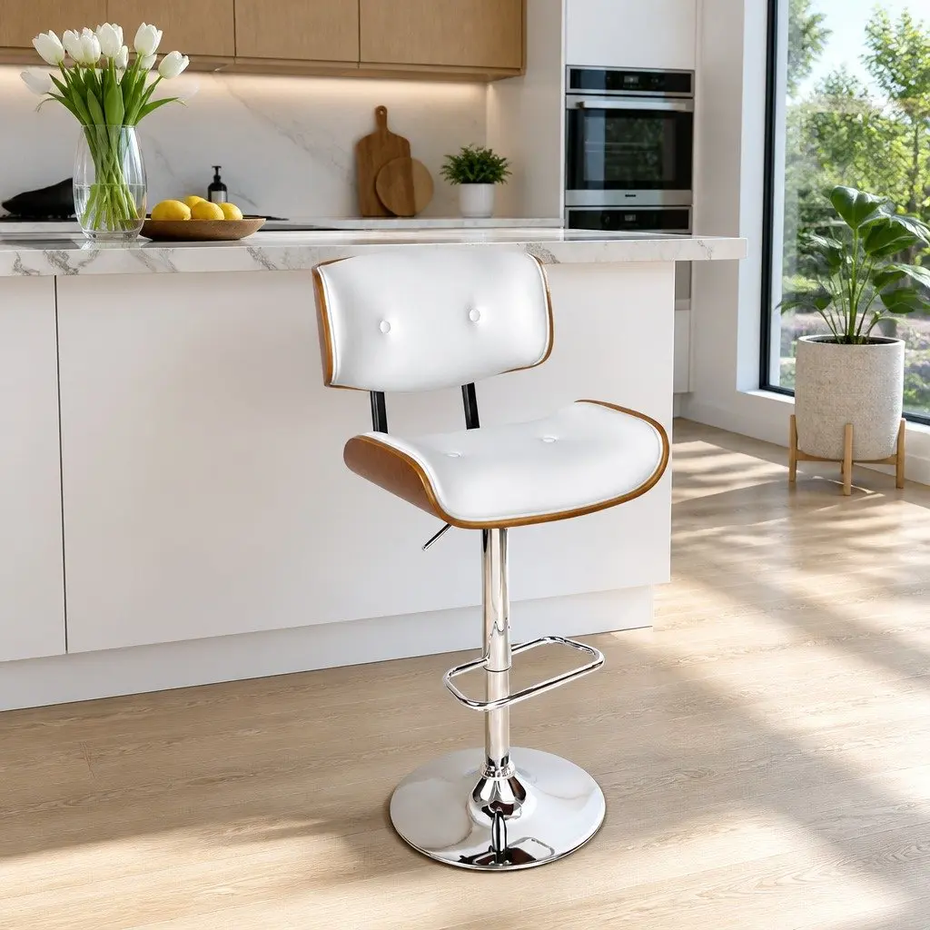 Bar Stool White Padded Wooden Seat Gas Lift Swivel Chrome Base Footrest