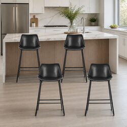 Bar Stools Set of 4 Padded Leather Seat Black Metal Frame Kitchen Counter Height