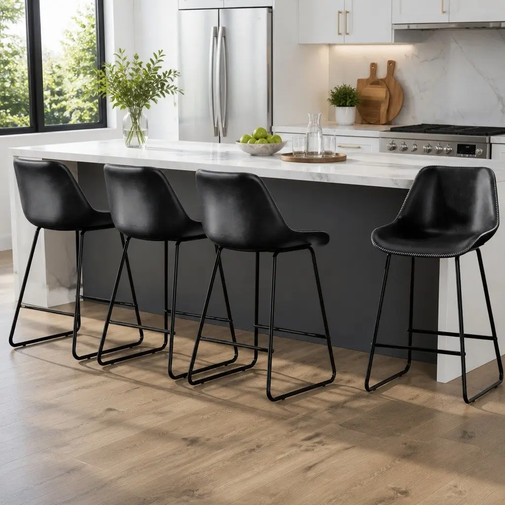 Bar Stools Black 70 cm Padded Leather Seat Metal Frame Kitchen Counter Height Set of 4
