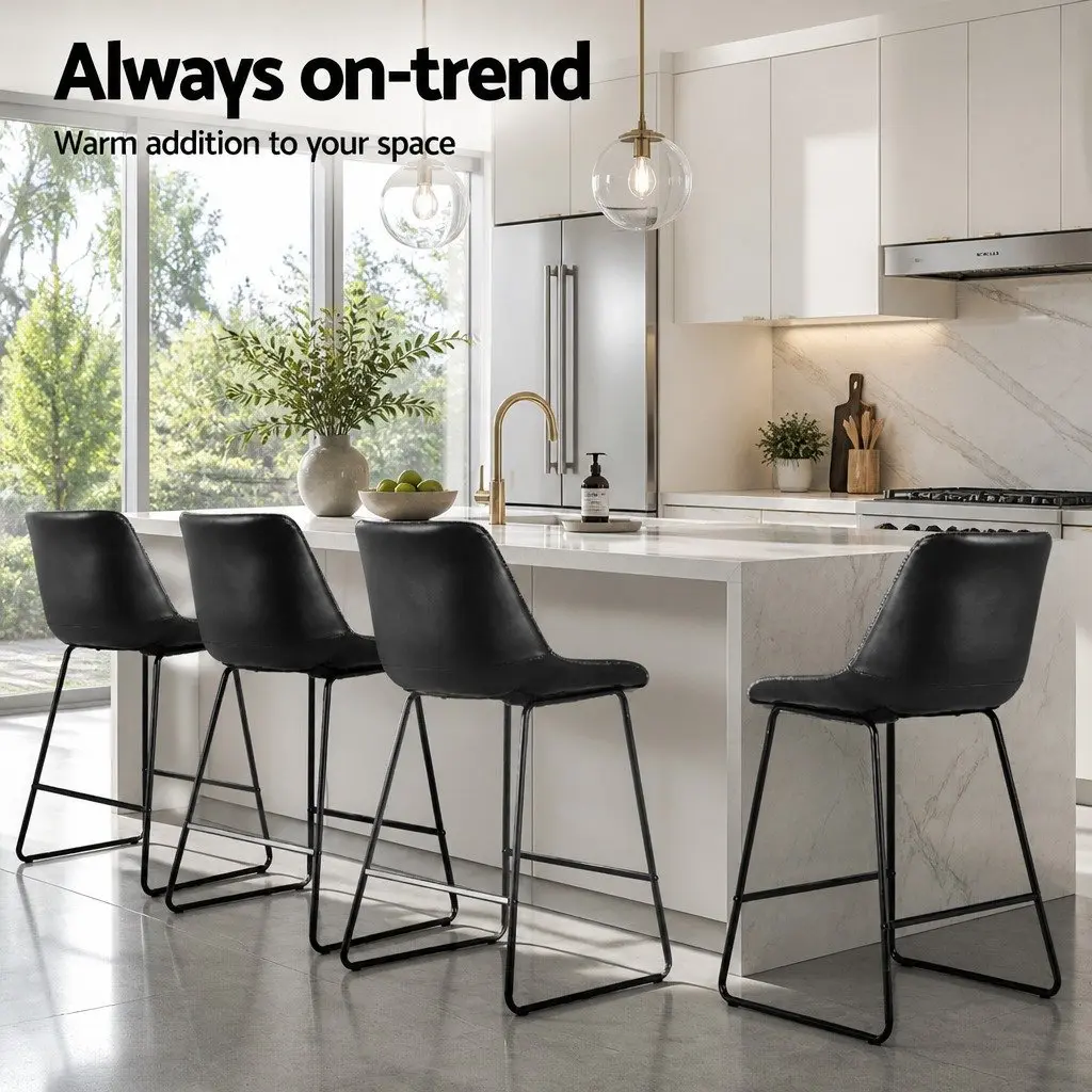 Bar Stools Black 70 cm Padded Leather Seat Metal Frame Kitchen Counter Height Set of 4
