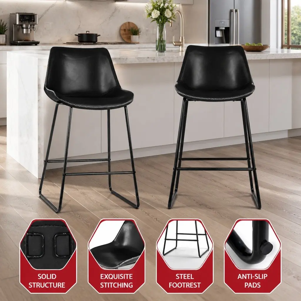 Bar Stools Black 70 cm Padded Leather Seat Metal Frame Kitchen Counter Height Set of 4
