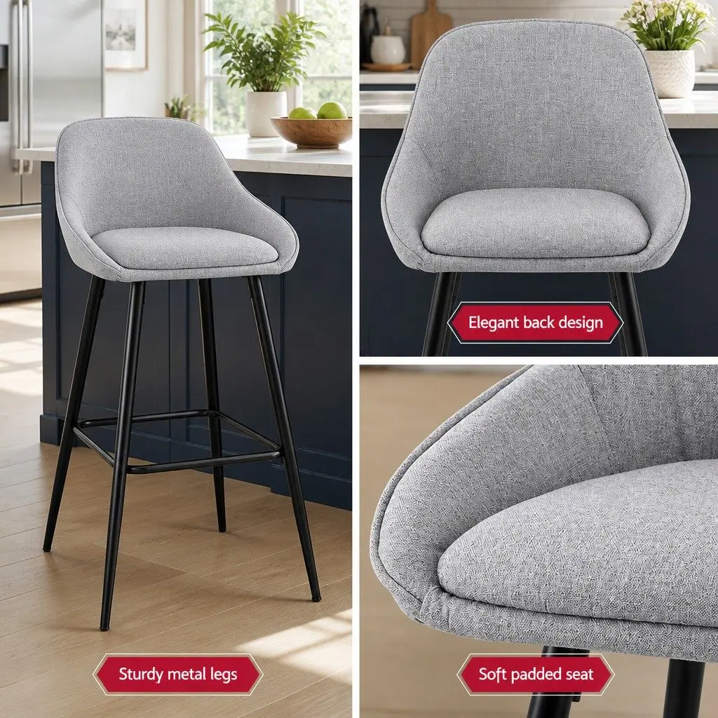 Bar Stools Grey Upholstered Counter Height Extra Thick Padded Seat Metal Legs Set of 4