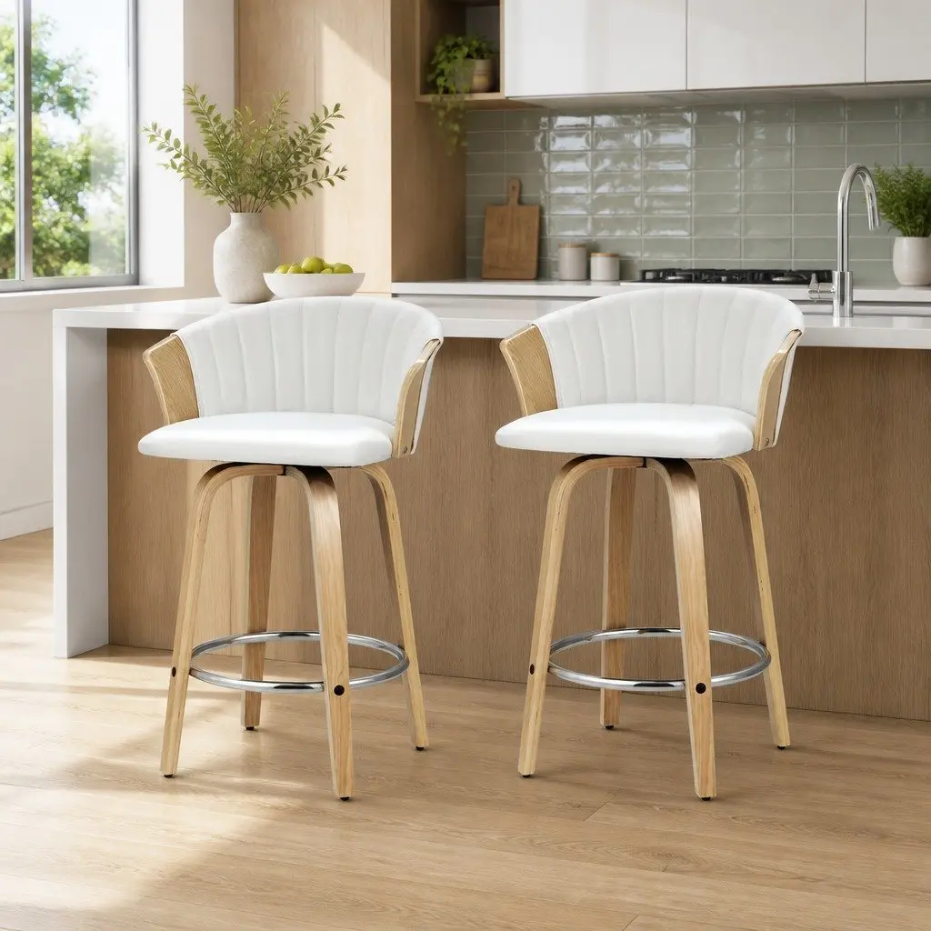 Bar Stools White Leather Padded Seat Swivel Adjustable Height 2 Piece