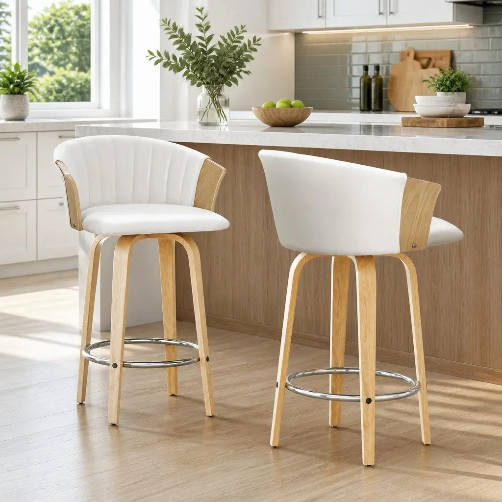 Bar Stools White Leather Padded Seat Swivel Adjustable Height 2 Piece