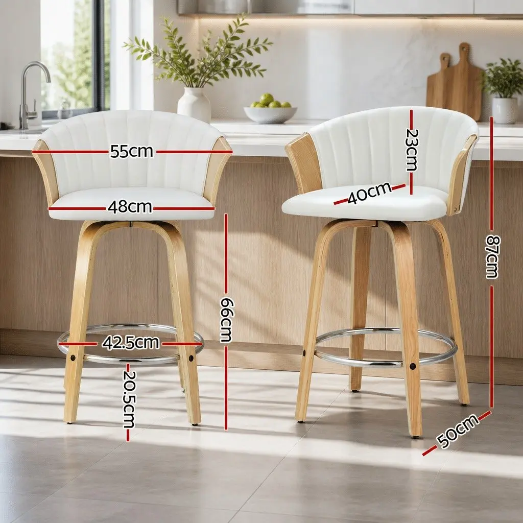 Bar Stools White Leather Padded Seat Swivel Adjustable Height 2 Piece
