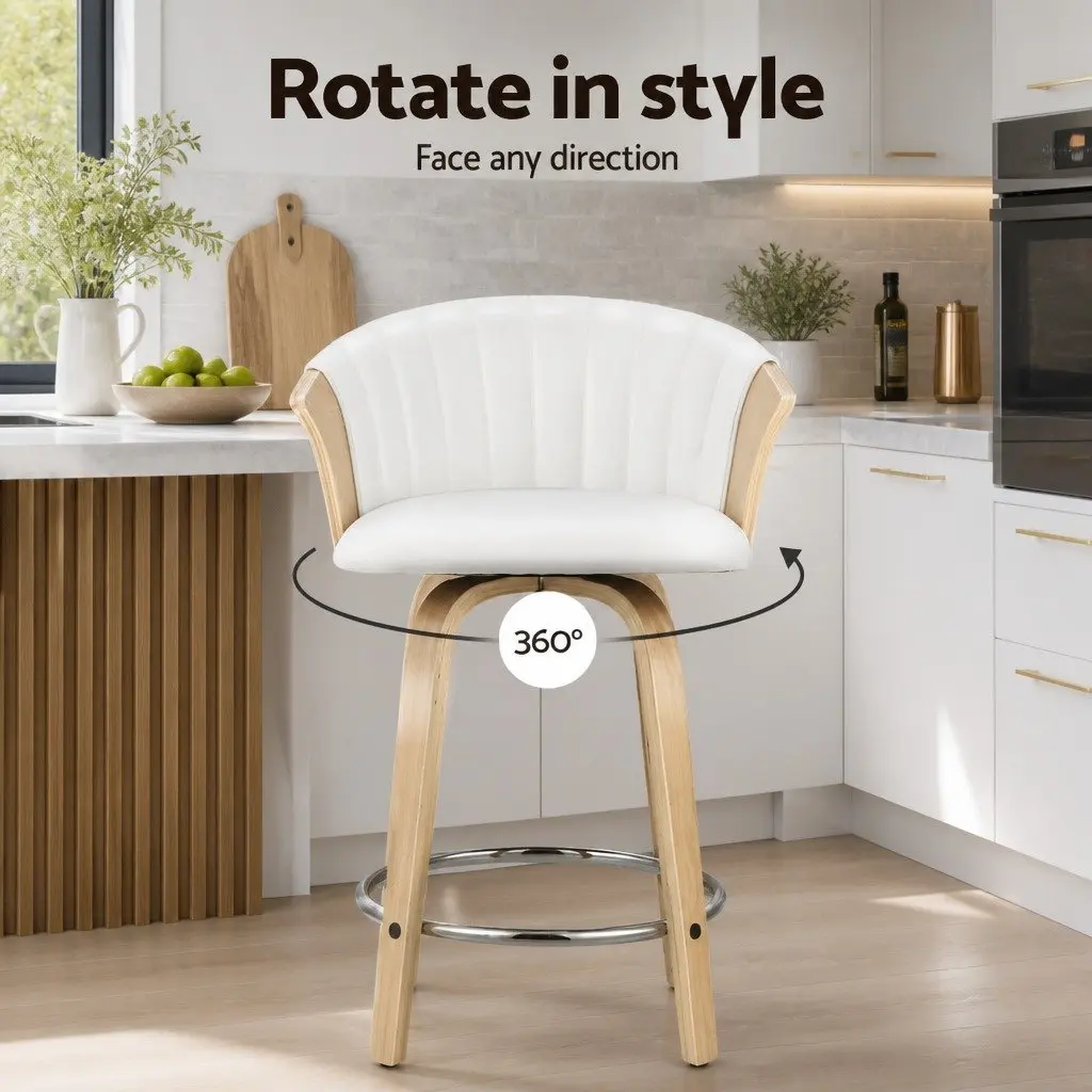 Bar Stools White Leather Padded Seat Swivel Adjustable Height 2 Piece