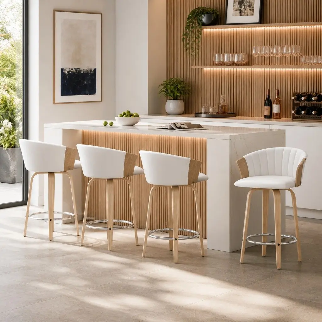 Bar Stools White 66cm Swivel Chairs 360 Degree Rotatable Seat Contoured Backrest Chrome Footrest
