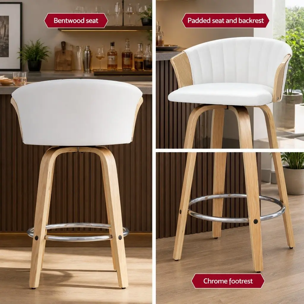 Bar Stools White 66cm Swivel Chairs 360 Degree Rotatable Seat Contoured Backrest Chrome Footrest