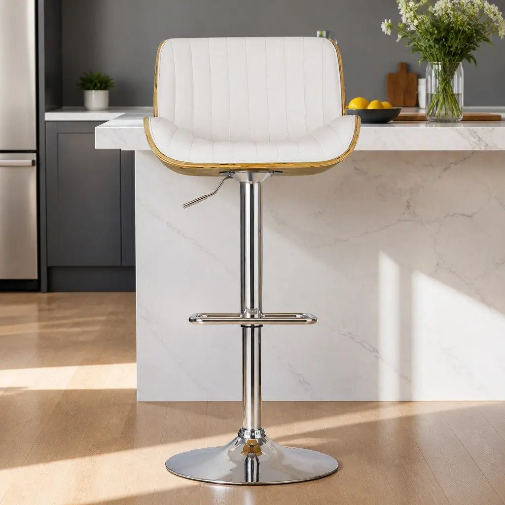 Bar Stools White Adjustable Height Swivel Wooden Seat Padded Kitchen Chair