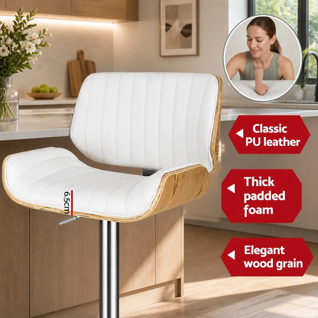 Bar Stools Adjustable Swivel Leather Chairs Set of 2 White Contemporary Design