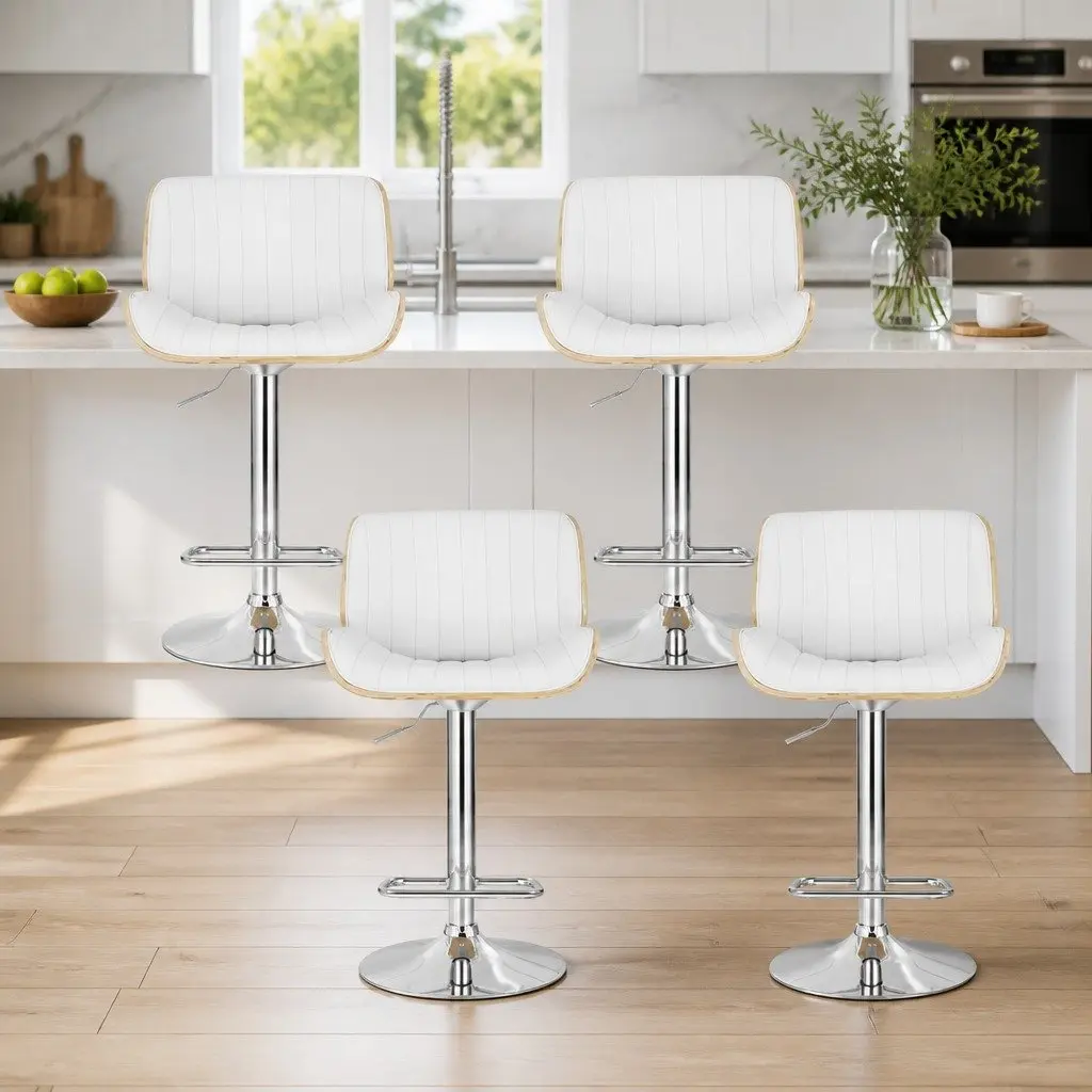 Bar Stools White Adjustable Height 4 Pack Swivel PU Leather Curved Bentwood Seat