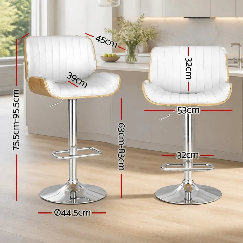 Bar Stools White Adjustable Height 4 Pack Swivel PU Leather Curved Bentwood Seat