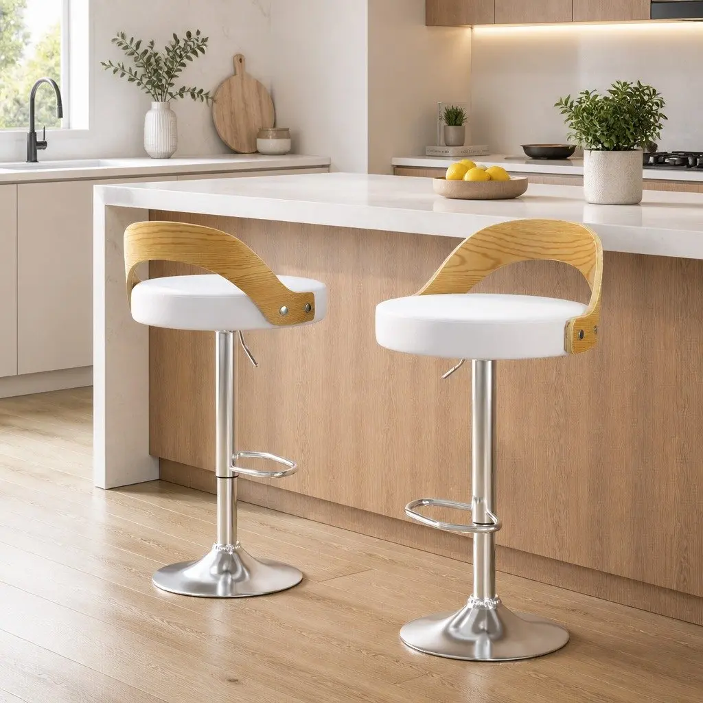 Bar Stools White Adjustable Height Padded Seat 360° Swivel Chrome Base Set of 2