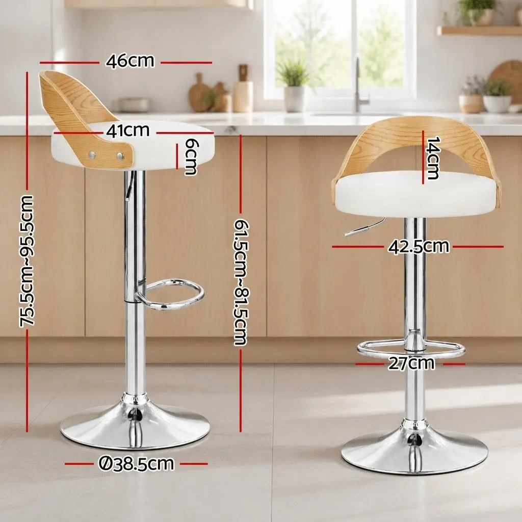 Bar Stools White Adjustable Height Padded Seat 360° Swivel Chrome Base Set of 2