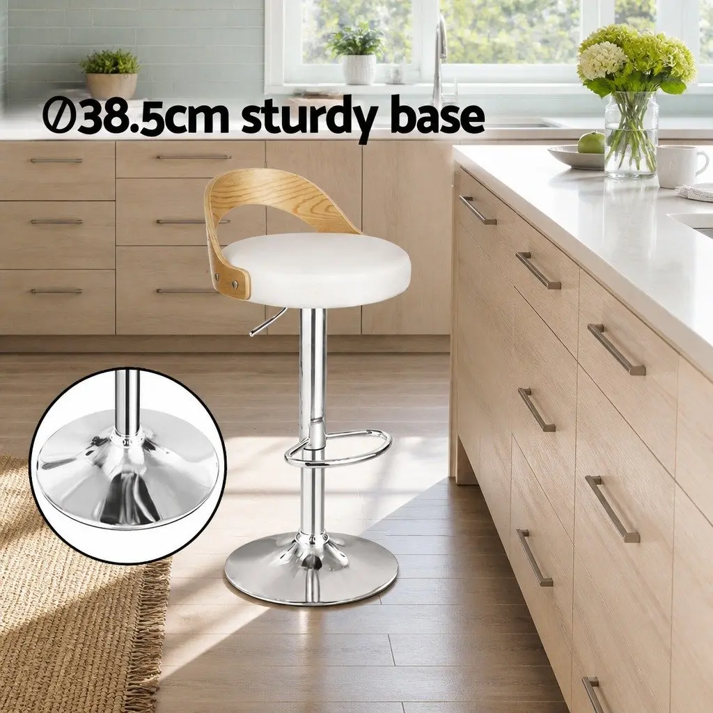 Bar Stools White Adjustable Height Padded Seat 360° Swivel Chrome Base Set of 2