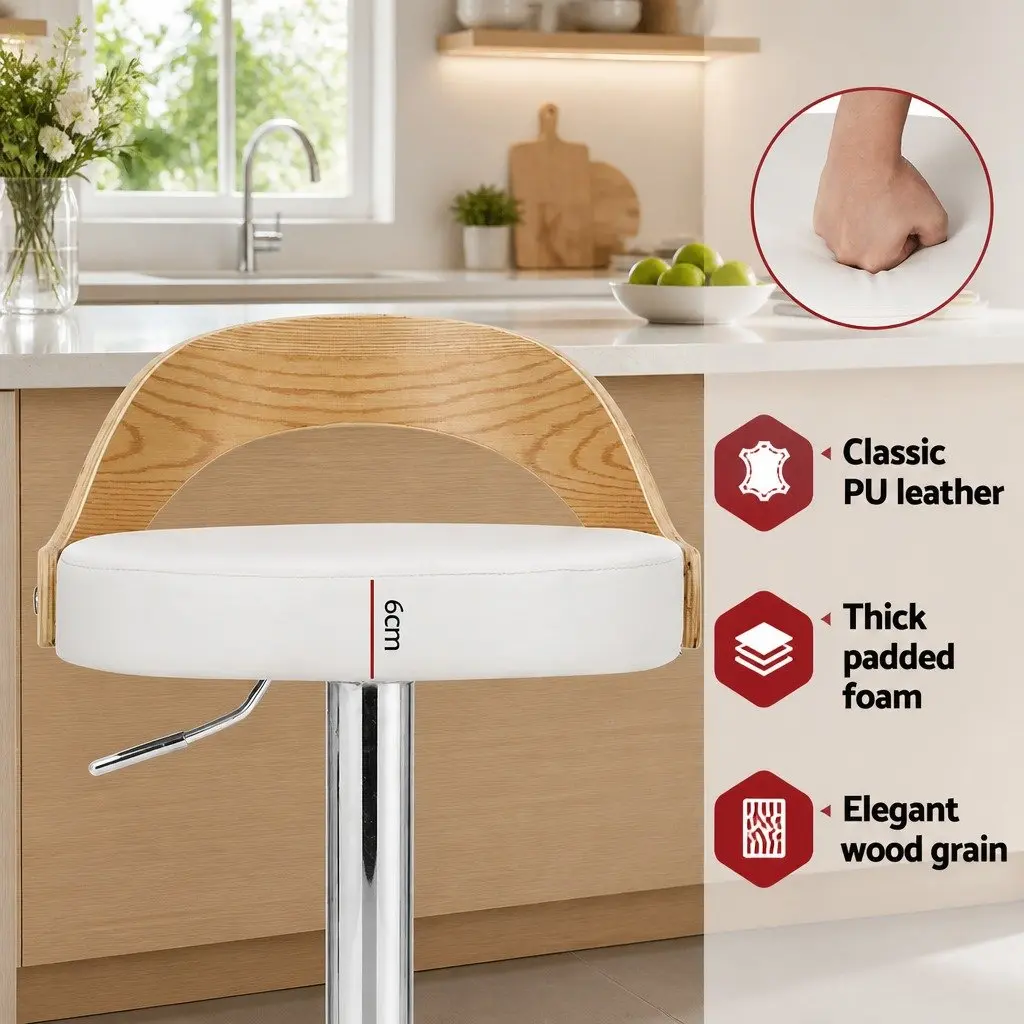 Bar Stools White Adjustable Height Padded Seat 360° Swivel Chrome Base Set of 2