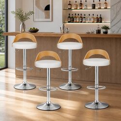 Bar Stools Adjustable Padded Curved Bentwood Seat 360 Swivel Chrome Base White