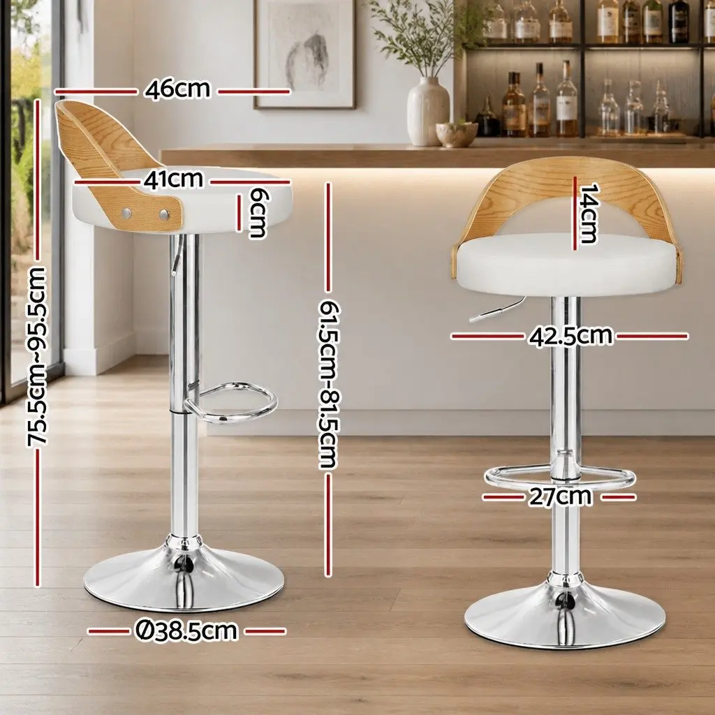 Bar Stools White Adjustable Height Padded Curved Bentwood Seat 360 Swivel Chrome Base