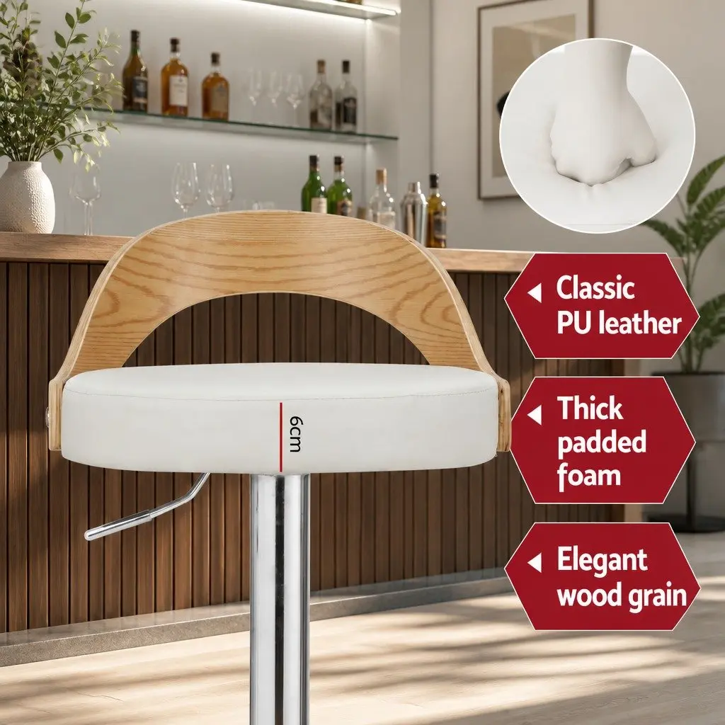 Bar Stools White Adjustable Height Padded Curved Bentwood Seat 360 Swivel Chrome Base