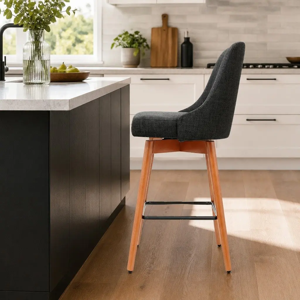 Bar Stools Charcoal Set of 2 Swivel Seat Wooden Padded Backrest