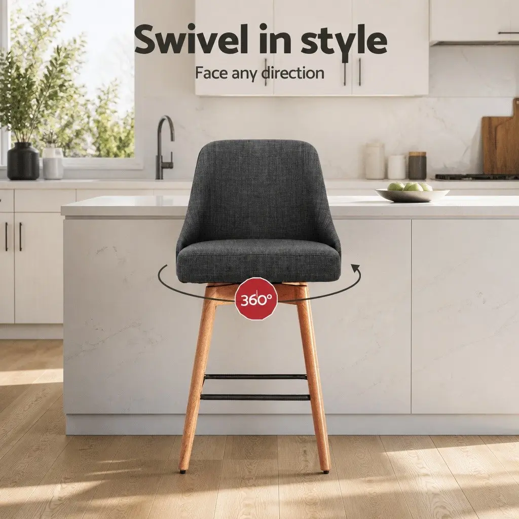 Bar Stools Charcoal Set of 2 Swivel Seat Wooden Padded Backrest