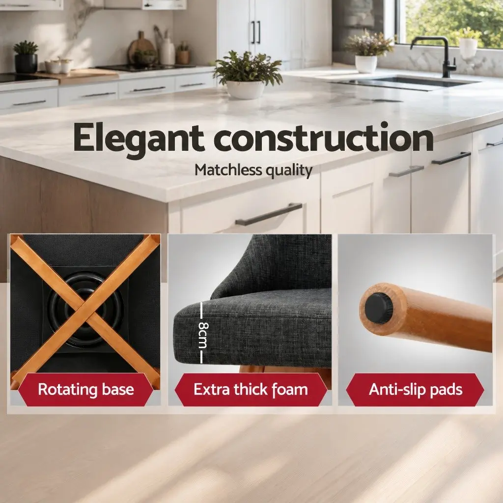 Bar Stools Charcoal Set of 2 Swivel Seat Wooden Padded Backrest