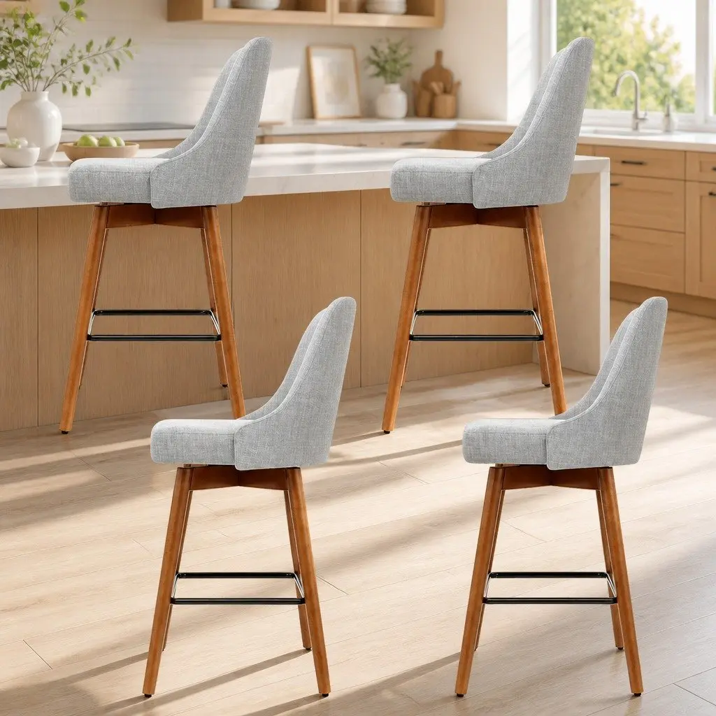 Bar Stools Light Grey 4 Piece Swivel Wooden Seat Backrest