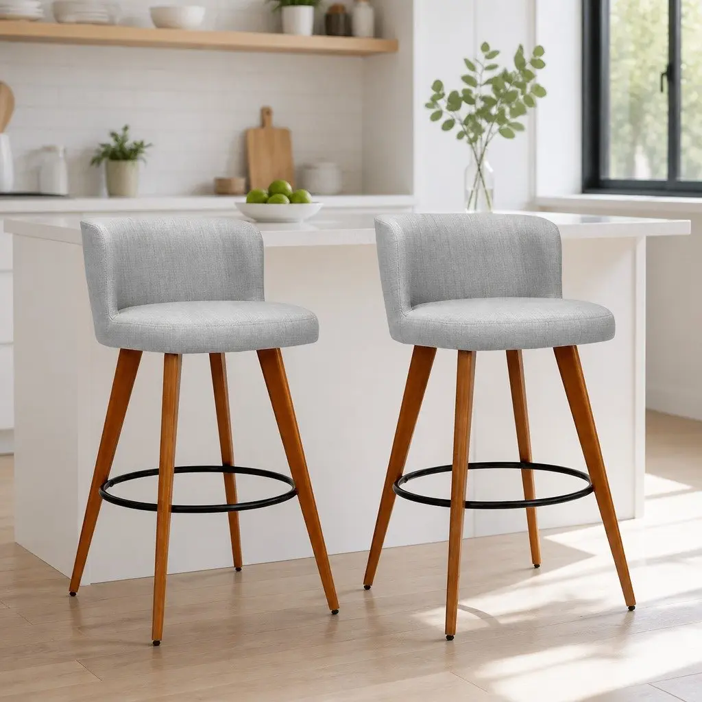 Bar Stools Grey Padded Wooden Linen Seat Backrest Anti-Slip Footrest Set of 2