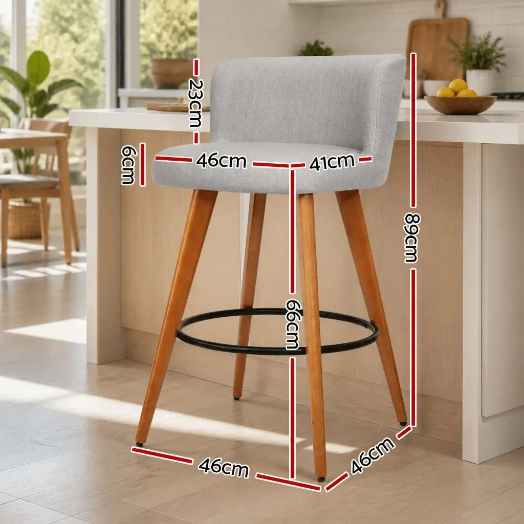 Bar Stools Grey Padded Wooden Linen Seat Backrest Anti-Slip Footrest Set of 2