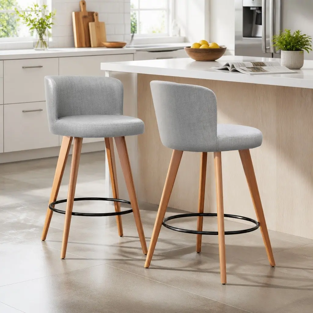Bar Stools Grey Padded Wooden Linen Seat Backrest Anti-Slip Footrest Set of 2