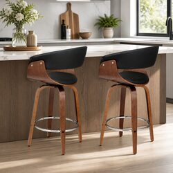 Bar Stools Swivel Seat Wooden Frame Black PU Leather Padded Armrest Chrome