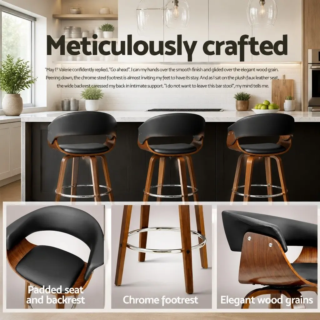 Bar Stools Black PU Leather Padded Swivel Seat Bentwood Frame Chrome Footrest 2 Piece