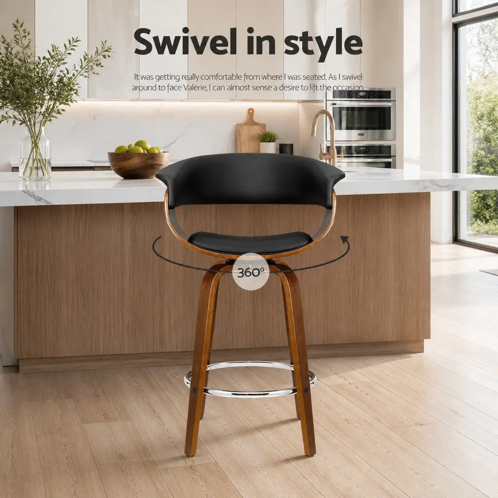 Bar Stools Black PU Leather Padded Swivel Seat Bentwood Frame Chrome Footrest 2 Piece