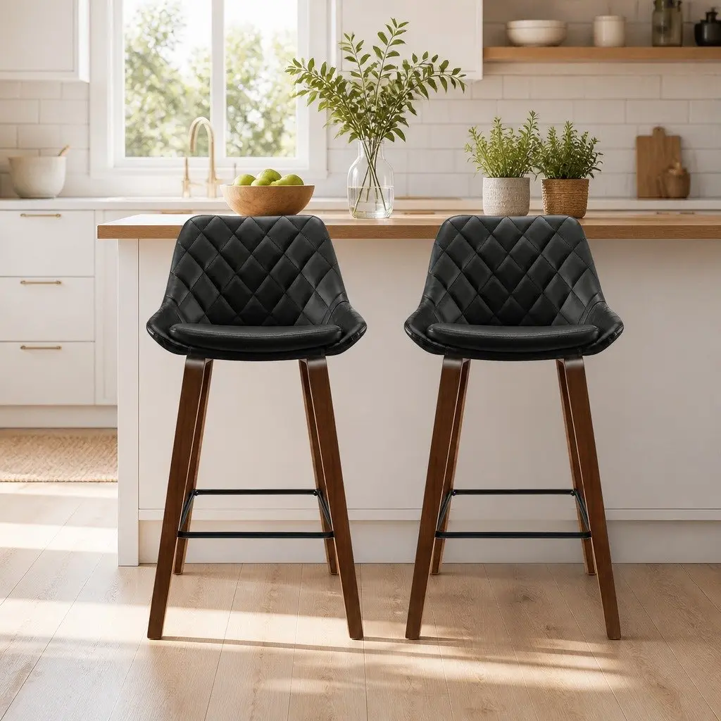 Bar Stools Black PU Leather Seat Wooden Legs 68cm Contoured Backrest