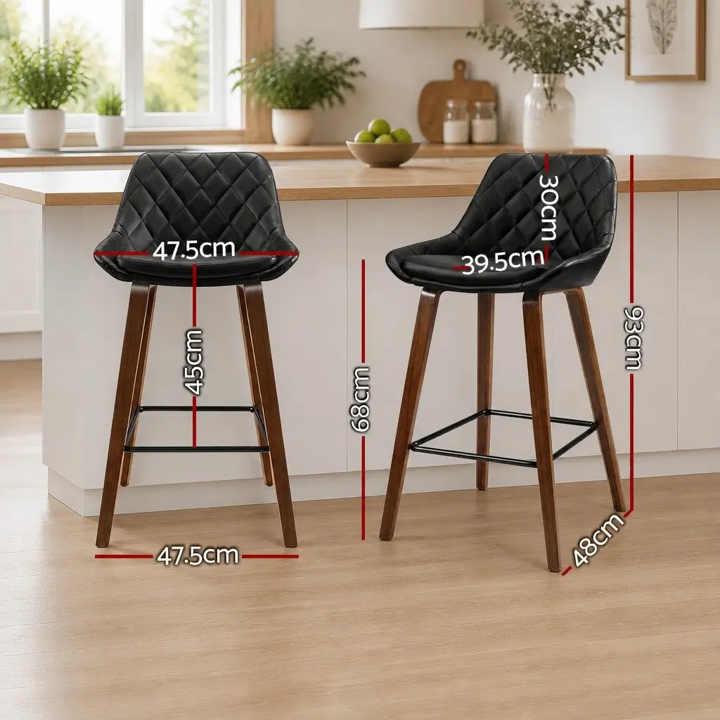 Bar Stools Black PU Leather Seat Wooden Legs 68cm Contoured Backrest