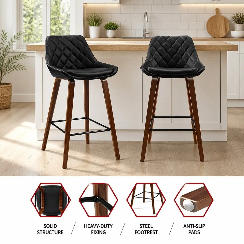 Bar Stools Black PU Leather Seat Wooden Legs 68cm Contoured Backrest