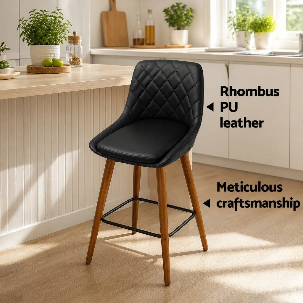 Bar Stools Black PU Leather Seat Wooden Legs 68cm Contoured Backrest