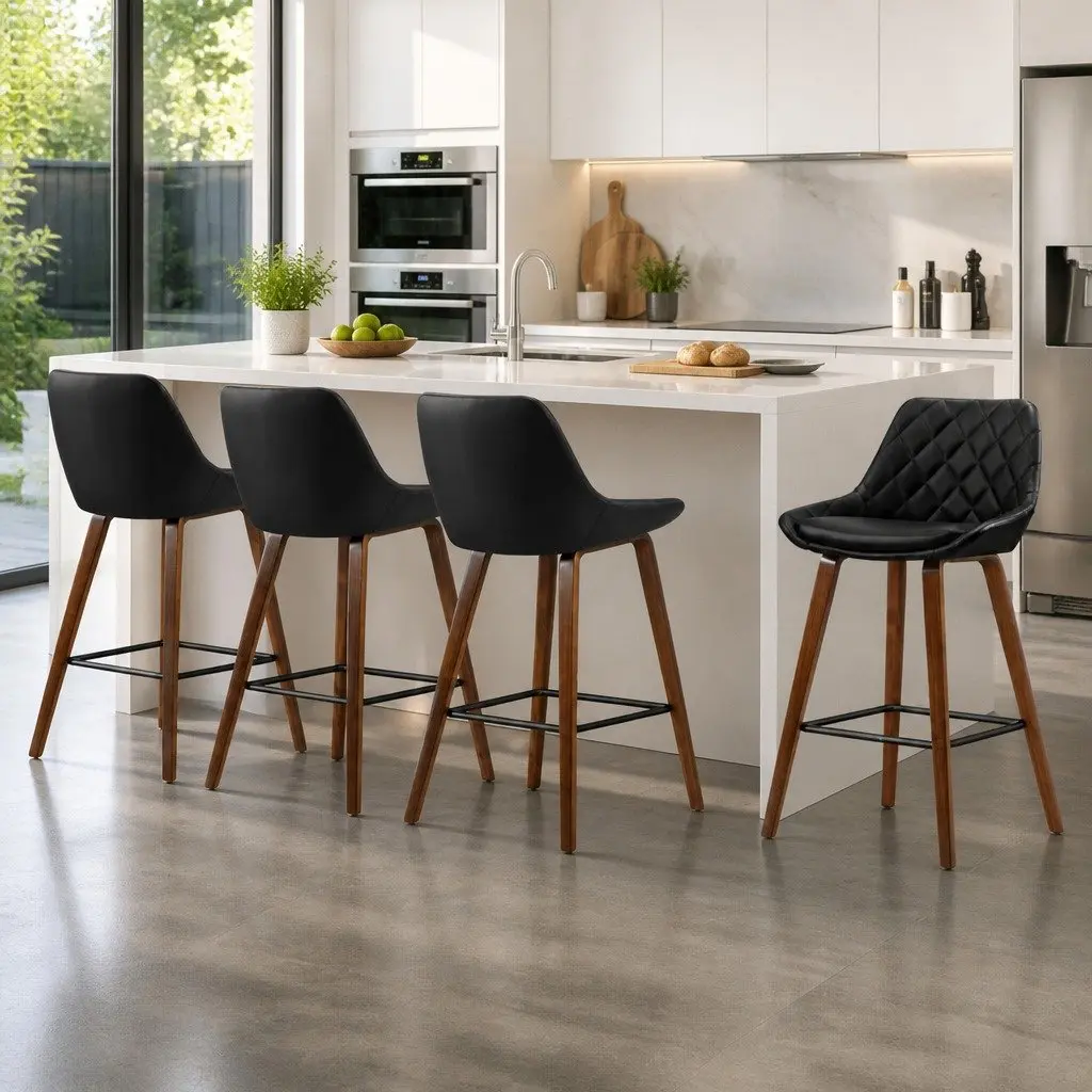 Bar Stools Black Counter Height PU Leather Seat Wooden Legs Set of 4