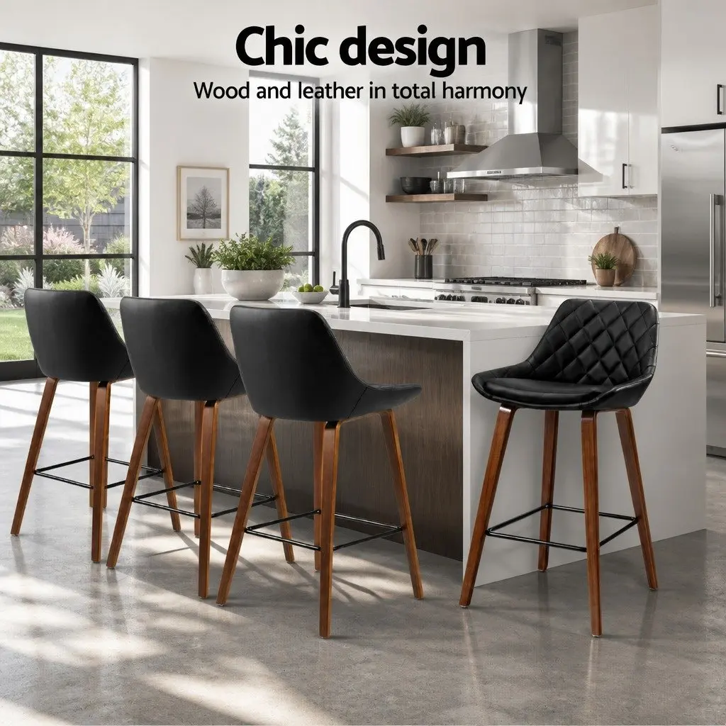 Bar Stools Black Counter Height PU Leather Seat Wooden Legs Set of 4