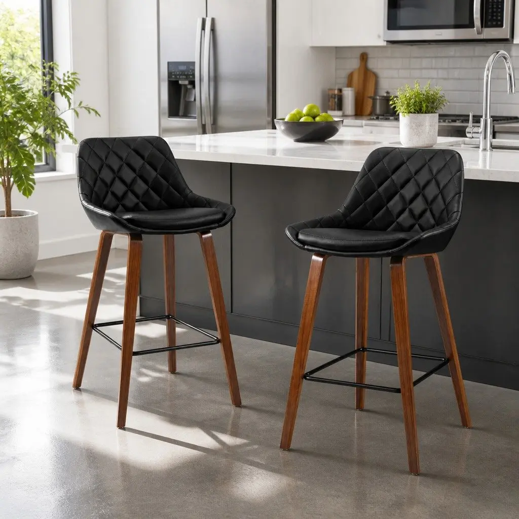 Bar Stools Black Counter Height PU Leather Seat Wooden Legs Set of 4