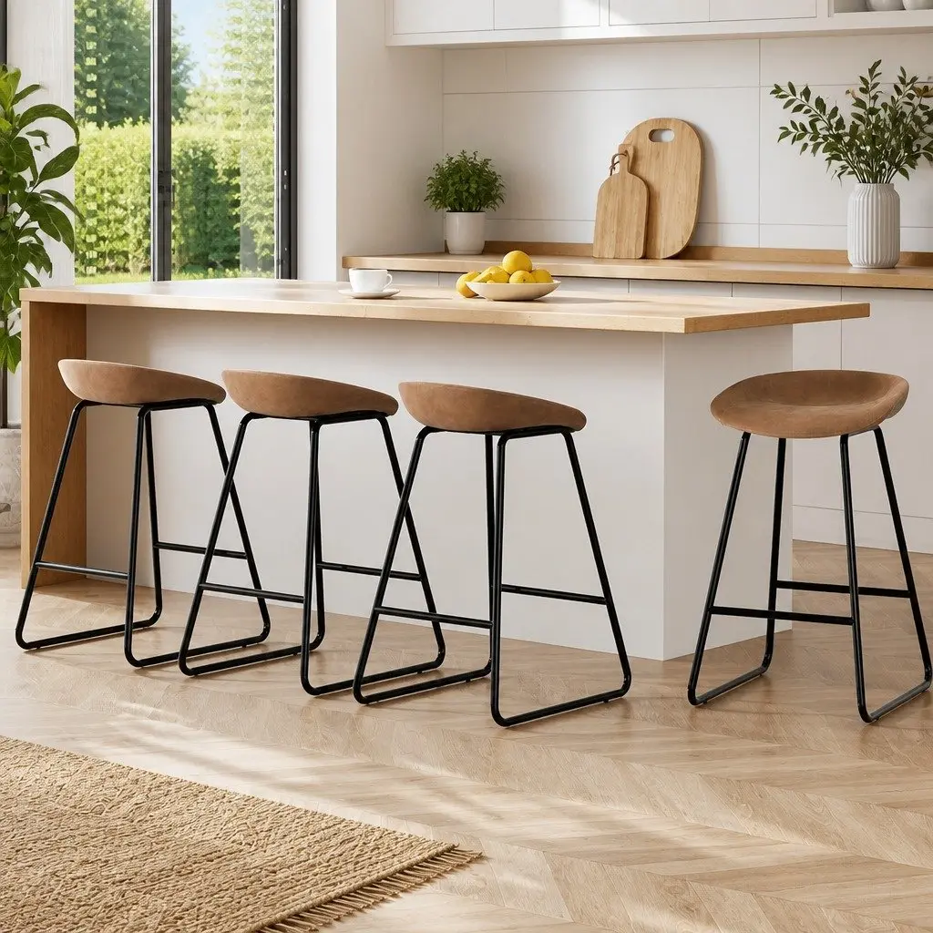 Bar Stools Brown 76cm Fixed Height PU Leather Metal Frame Set of 4