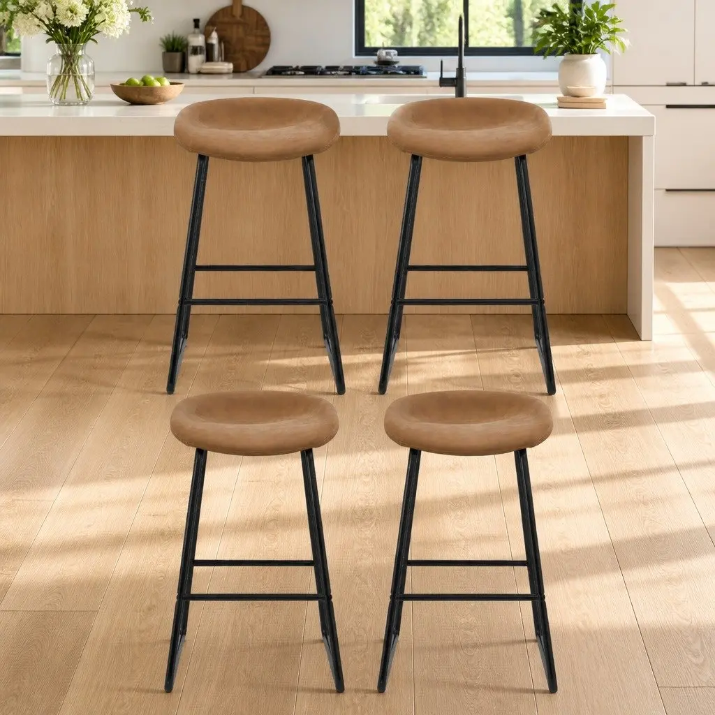 Bar Stools Brown 76cm Fixed Height PU Leather Metal Frame Set of 4