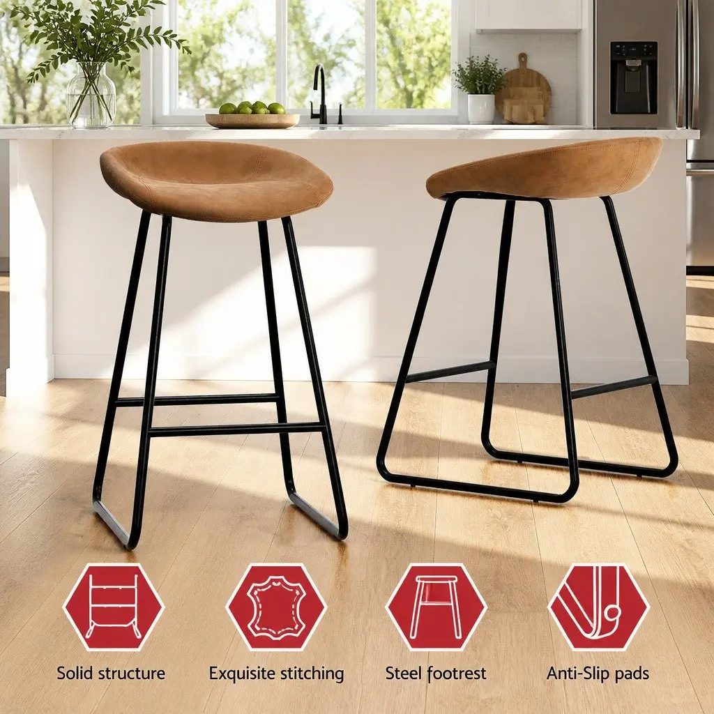 Bar Stools Brown 76cm Fixed Height PU Leather Metal Frame Set of 4