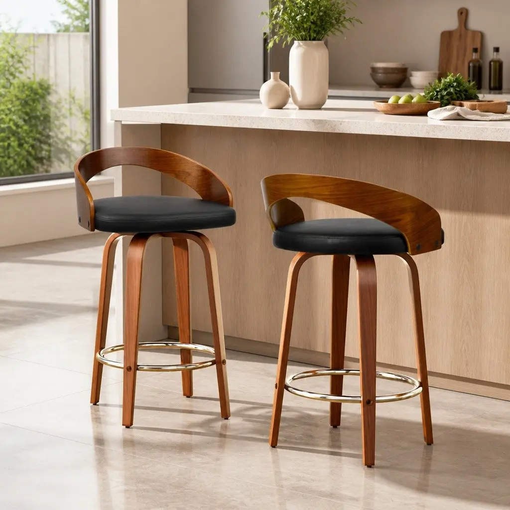 Bar Stools Black Walnut Wooden Swivel Seat Curved Backrest