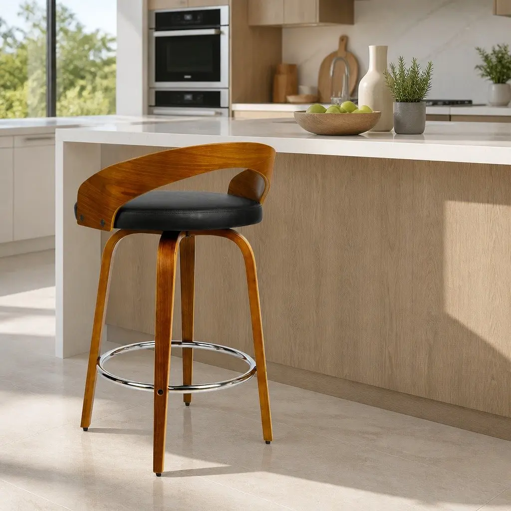 Bar Stools Black Walnut Wooden Swivel Seat Curved Backrest