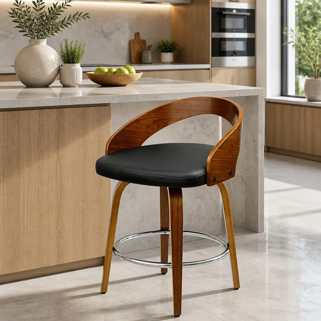 Bar Stools Black Walnut Wooden Swivel Seat Curved Backrest